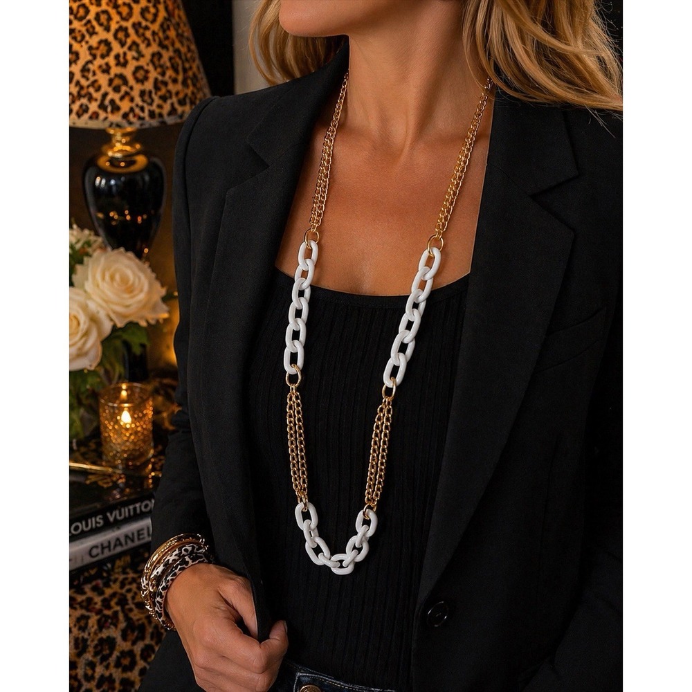 Chunky‎ White Acrylic & Gold Chain Statement Necklace Bold Modern Jewelry 20"